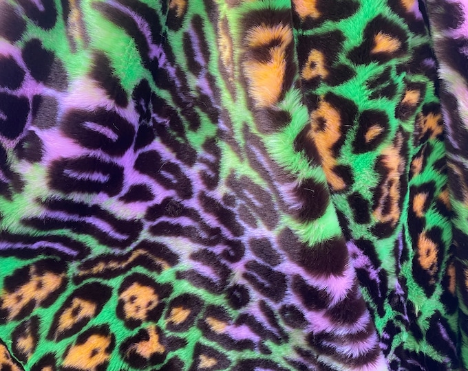 Purple / Green Multi colored Leopard Spotted shaggy short pile faux fur fabric by the yard