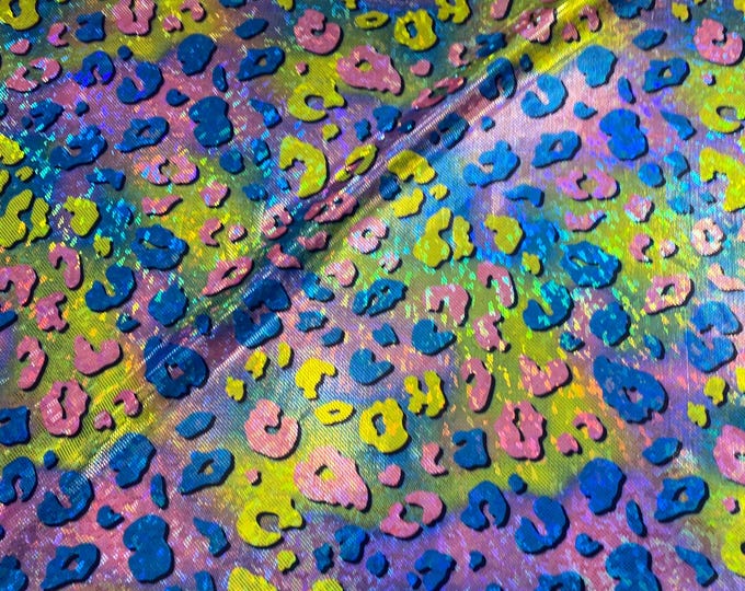 Holographic Rainbow Leopard Print Spandex Fabric – Iridescent Stretch for Festival Wear (By the Yard)