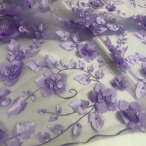 Lavender 3d floral design ,embroider with pearls mesh lace scalloped, sold by the yard 54” wide