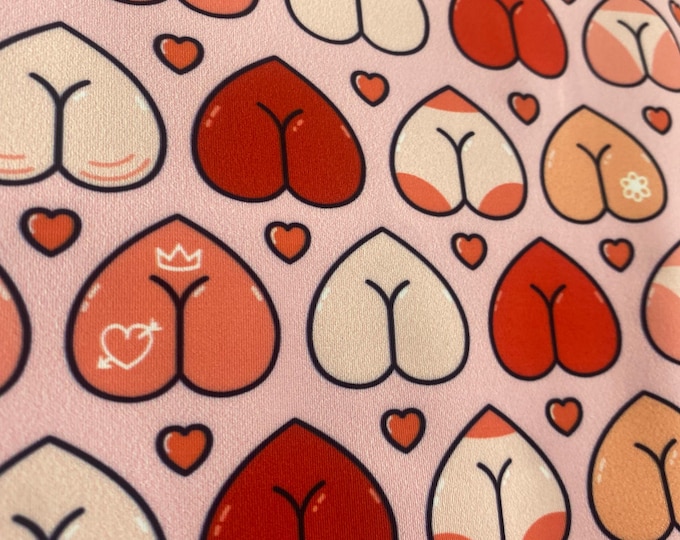 Cheeky Heart Print Spandex Fabric 4 Way Stretch | Pink Novelty Butt Heart Pattern Fabric by the Yard | Swimwear, Activewear, Costumes