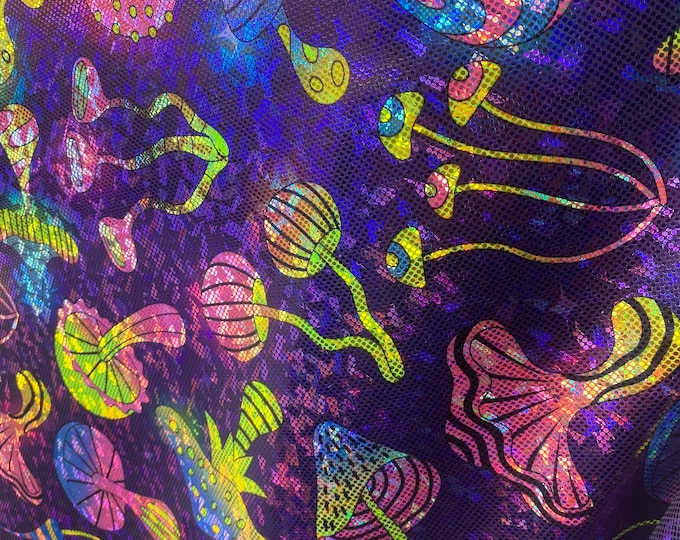 Shattered Mushroom multi colors on purple Spandex Fabric by the yard