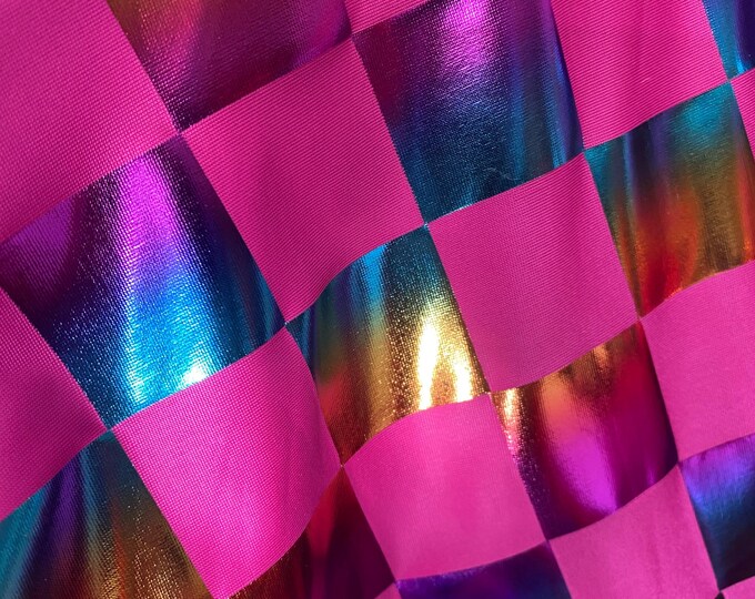 Multi diamond foil on fuchsia spandex 4 way  fabric by the yard