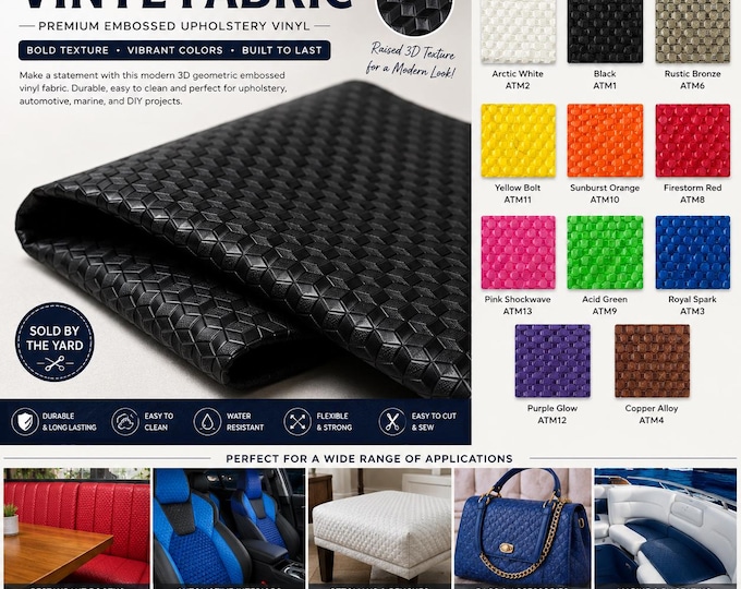 3D Geometric Vinyl Fabric by the Yard | Embossed Upholstery Vinyl | Marine & Automotive Faux Leather Fabric | Colorful Textured Vinyl