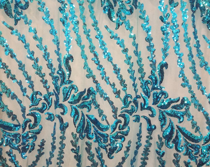 SUTRA , Aqua blue, Big Print, Sequin, 4-way Stretch, Fabric 54" Sold By the yard