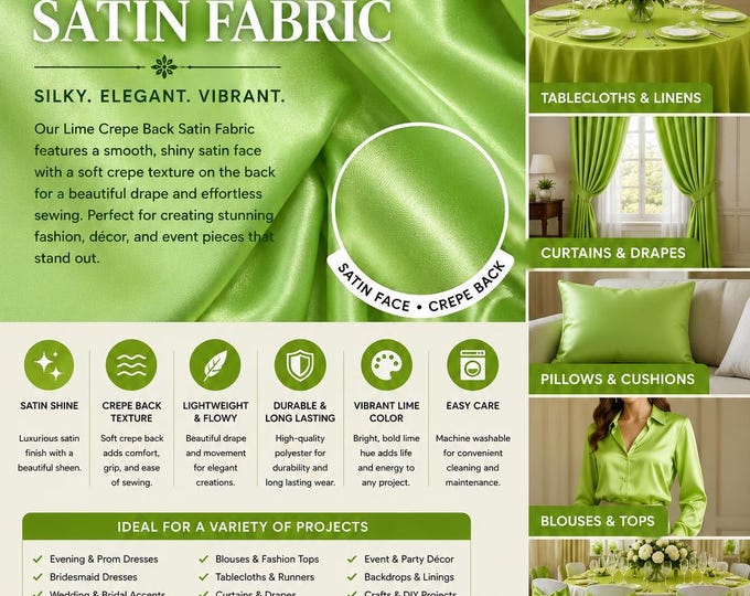Lime Crepe Back Satin Fabric by the Yard | Silky Dress Material