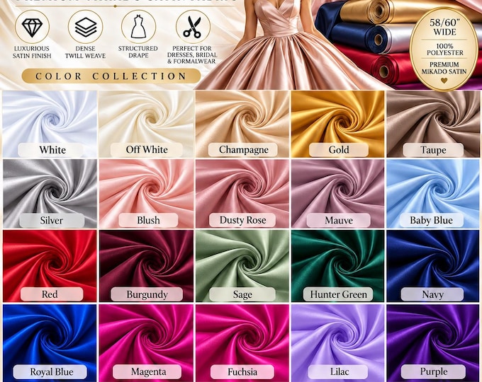 Mikado Satin Fabric by the Yard: Structured Twill Weave, Bridal Gown Dressmaking (60" Wide)