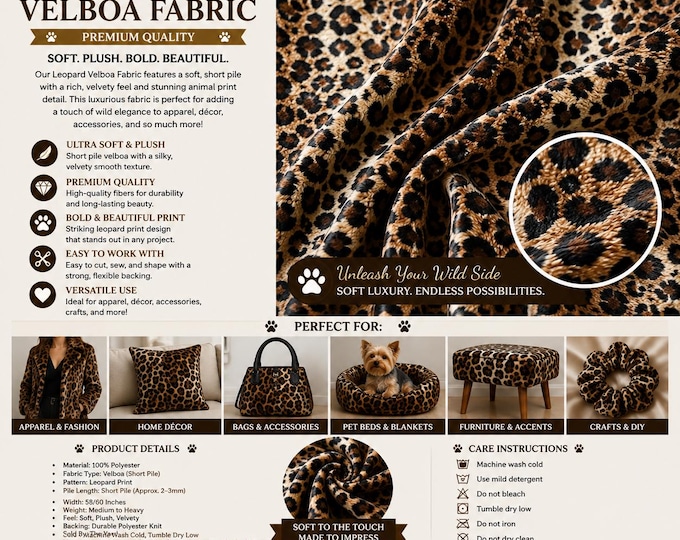 Brown Leopard Spots Velboa Fabric Animal Print Soft Short Pile Fabric