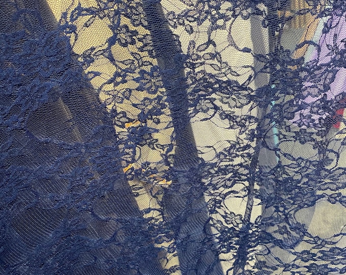 Stretch Floral Lace 4 Fabric By The Yard- Navy
