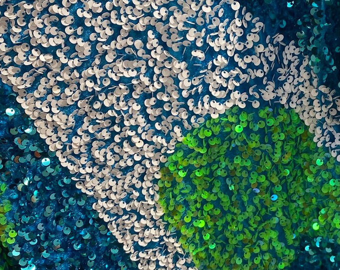 White sequin Wave Design  stretch velvet all over 5mm shining sequins 2-way stretch, sold by the yard.