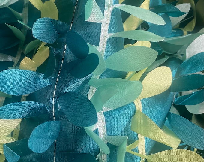 Blues and yellow Leaf dangling taffeta fabric sold by the yard