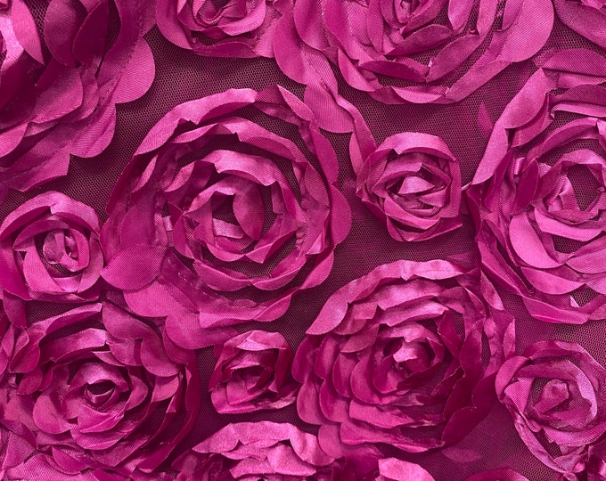 Dark Fuchsia Satin Bridal Petal Rosette on mesh Fabric 52" Wide Sold By The Yard