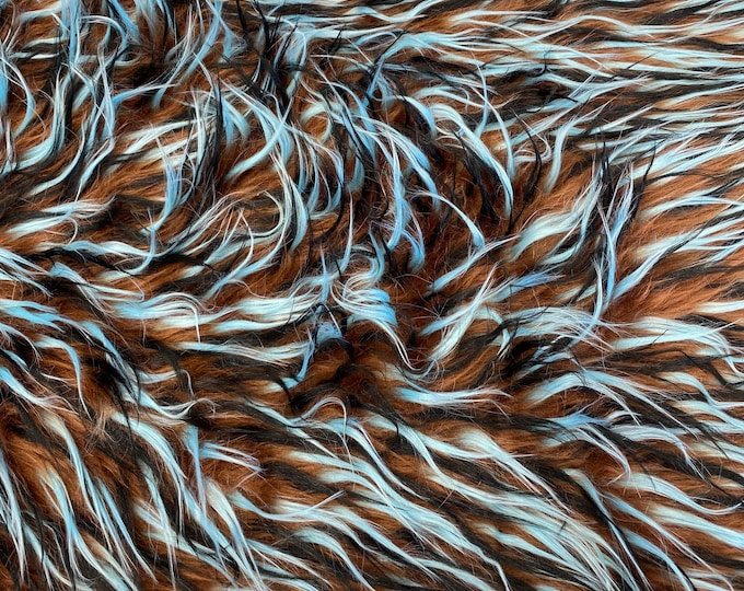 58"  Wide Spike Faux fur blue black on Brown Upholstery Fabric by the yard
