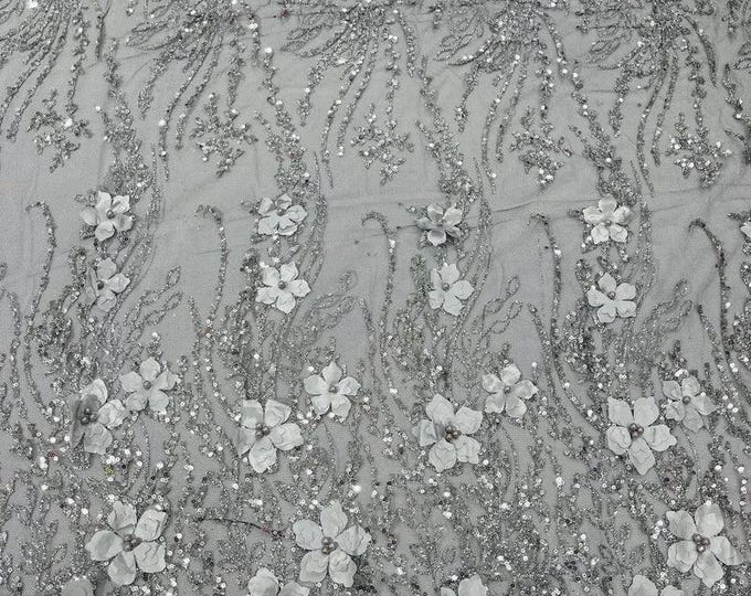 Silver on black 3d glitter floral embroider with pearls mesh lace scalloped, sold by the yard 54” wide