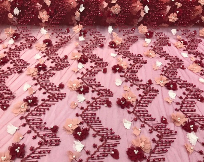 Burgundy 3d multi color chiffon flowers embroidery with pearls chevron design on a mesh lacescalloped, sold by the yard 54” wide