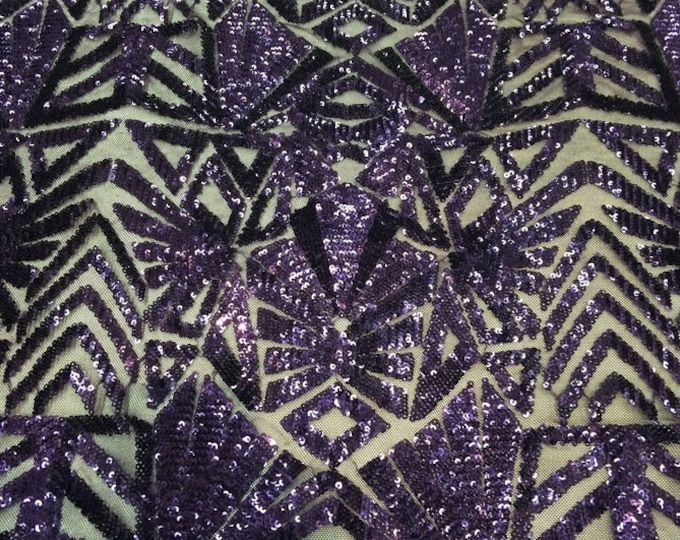 Sequin Fabric Plum 4 way Stretch Snowflake  Geometric Shinny Sequin Sold fabric by the yard 54" Wide