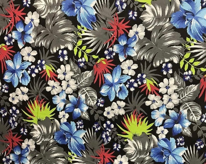 Black gray Hawaiian Flowers Print Poly Cotton Fabric, Sells by The Yard