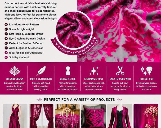 Fuchsia damask Stretch burnout Velvet lace  Draping, Curtains, Appeal Dresses 100% POLYESTER
