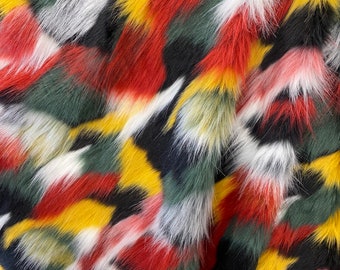 Faux Fur Short PIle tribal red/ black/ yellow fabric per yard 60" wide