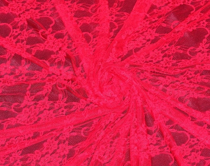 Red Vintage Stretch Floral Lace fabric 4 way  By The Yard