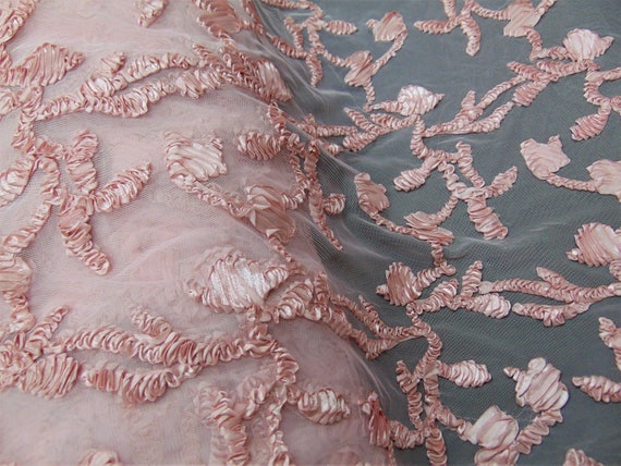 PEACH Ribbon Embroidery Scalloped Edge Fabric lace Wedding Dress prom yard 50/"