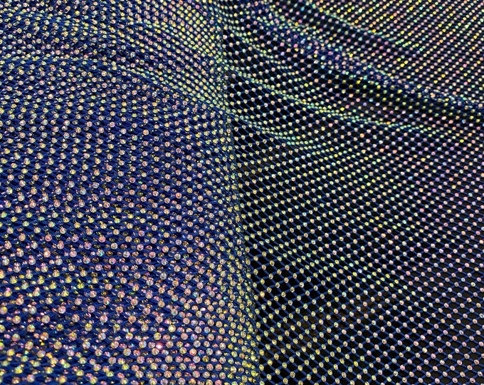 Rhinestone on royal Mesh Shiny Crystal Rainbow Rhinestone Stretch Fabric