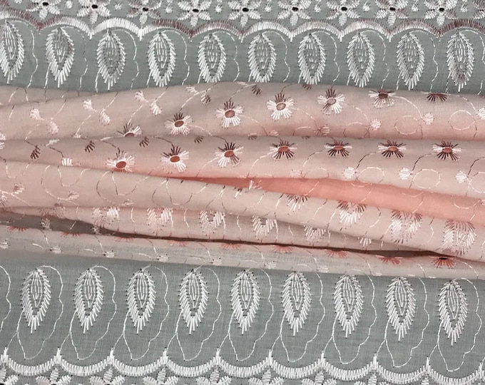 Blush Medium Weight Eyelet Double Scalloped Finished Edge Stitched Embroidery Poly Cotton Fabric, 42" Wide