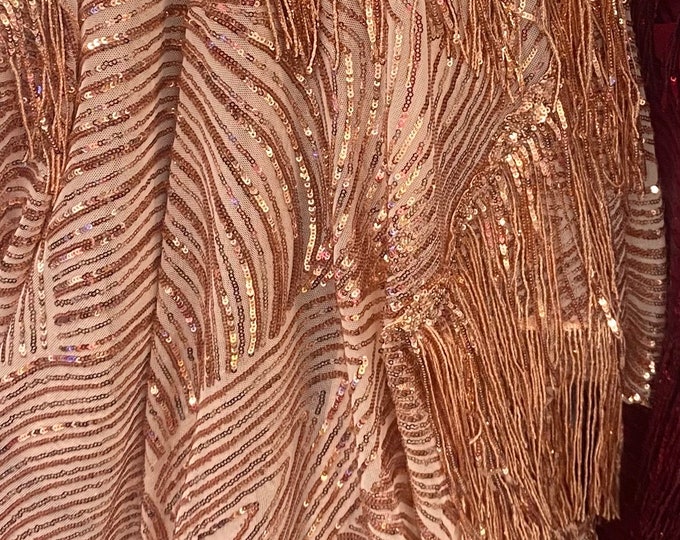 Rose gold  fringe sequins design on a 4 way stretch fabric-prom-nightgown-sold by the yard