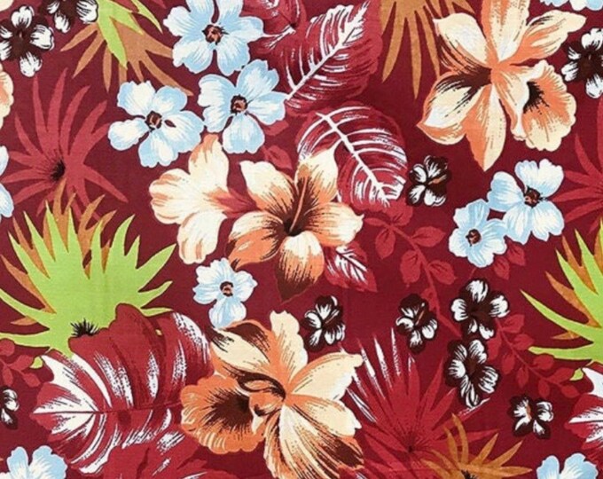 Red Hawaiian Flowers Print Poly Cotton Fabric, Sells by The Yard