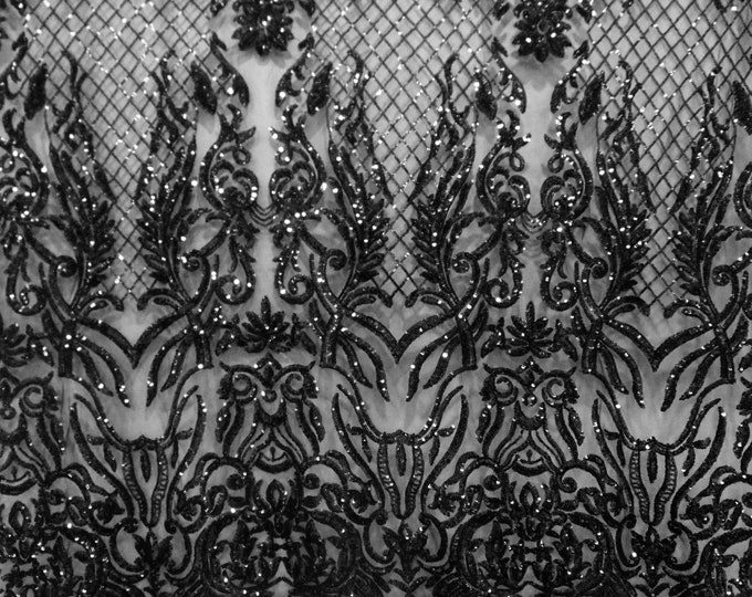 KARMA, Black (Black Mesh), Big Print, Sequin, 4-way Stretch, Fabric 55" Sold BTY