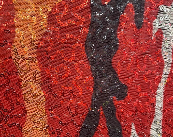 Multi camouflage stretch lace with sequins all around 58” wide