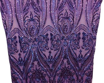 Victorian Egg/Tulip, Purple, Big Print, Sequin, 4-way Stretch, Fabric 54&quot; By the Yard, Wedding, Prom, Dresses, Lingerie, Pageant