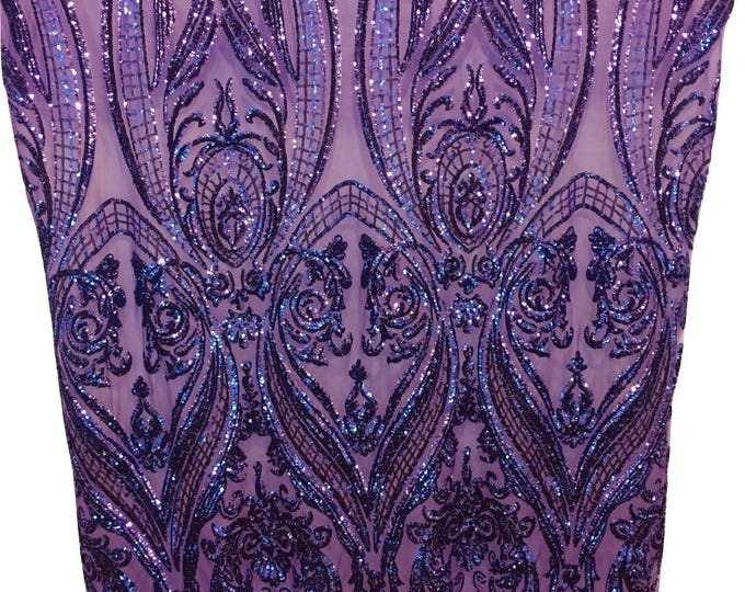 Victorian Egg/Tulip, Purple, Big Print, Sequin, 4-way Stretch, Fabric 54" By the Yard, Wedding, Prom, Dresses, Lingerie, Pageant
