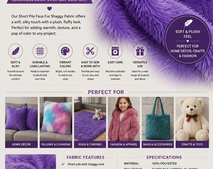 Short Pile Shaggy Faux Fur Fabric – Plush Costume Upholstery