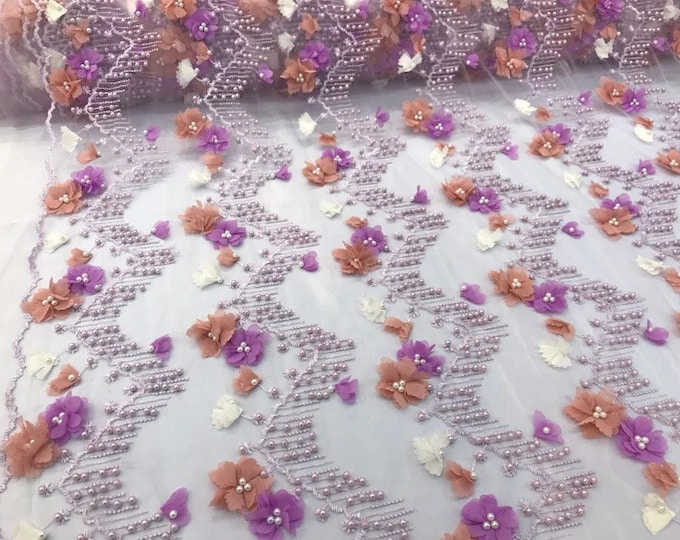 Lilac 3d multi color chiffon flowers embroidery with pearls chevron design on a mesh lacescalloped, sold by the yard 54” wide