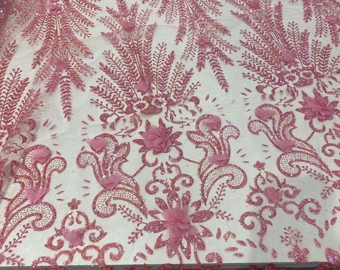 Pink Glitter Floral Lace Fabric with 3D Flowers | Embroidered Mesh Tulle Fabric by the Yard for Dresses, Gowns, DIY Crafts & Decor