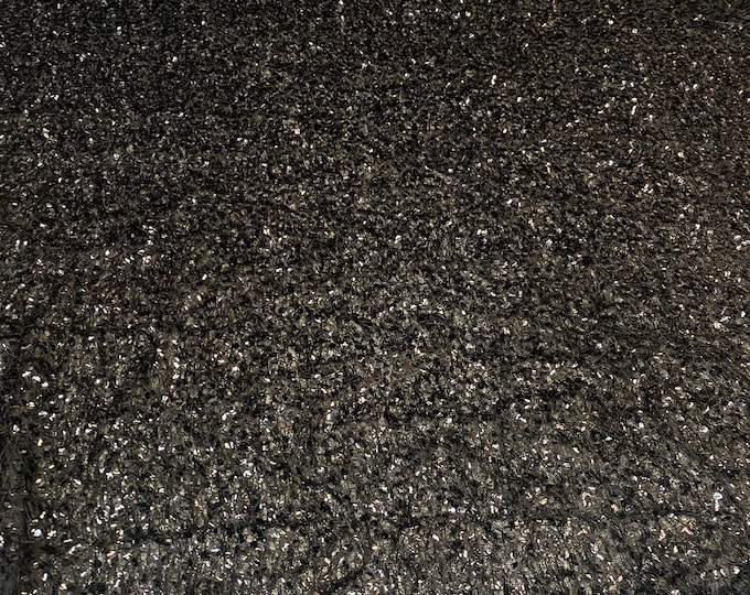 Black sequin-embroidered fabric on a textured base with eyelash/fringe threads  Dressmaking Costume Material by the Yard