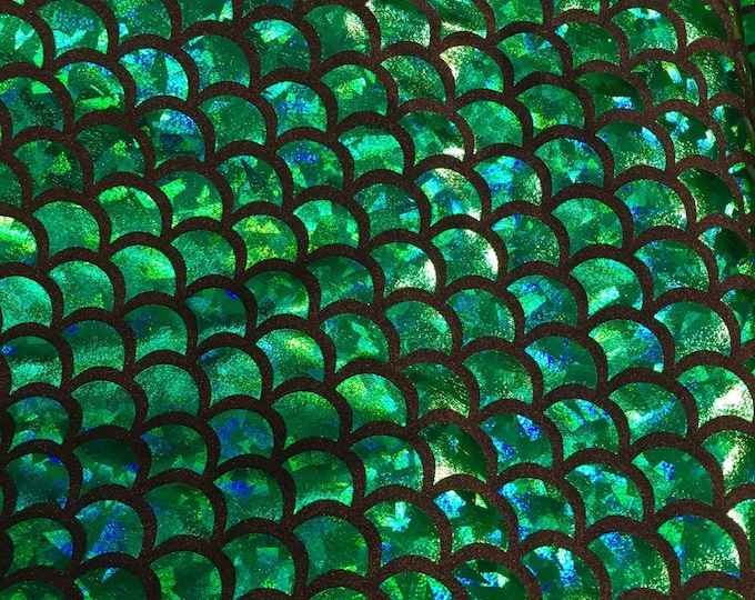 58" Wide 4-Way Stretch small Green Mermaid Hologram Spandex Metallic foil scales Fabric by the yard