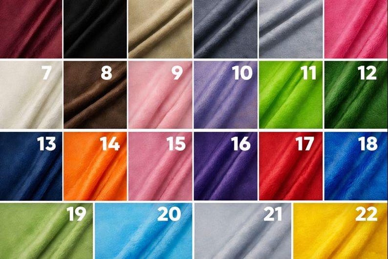 Puede incluir: Una cuadr&iacute;cula de veintid&oacute;s muestras de tela en varios colores s&oacute;lidos, cada una etiquetada con un n&uacute;mero blanco del 1 al 22. La colecci&oacute;n incluye tonos de rojo, negro, beige, gris, rosa, blanco, marr&oacute;n, morado, verde, naranja, azul y amarillo.