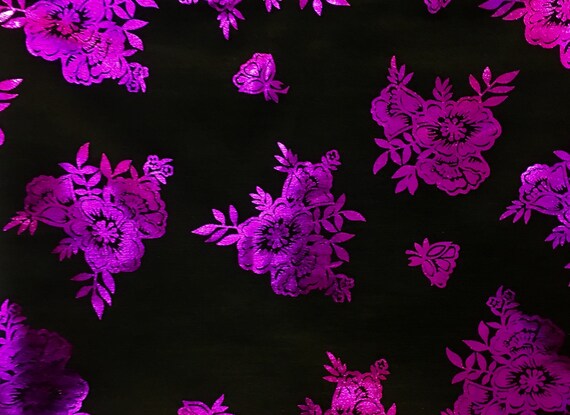 Metallic Foil Lycra Black Floral Print Fabric 58 wide By The Yard
