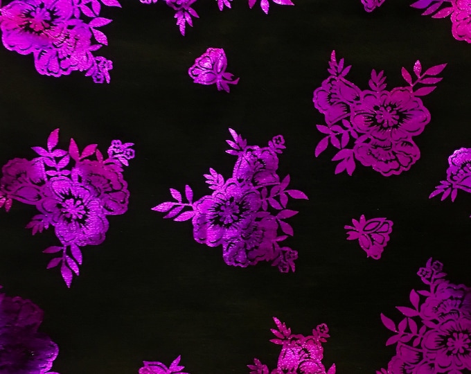 Purple Floral Foil on black Fabric by the yard