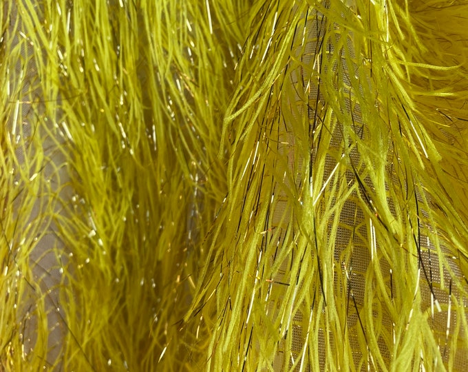 Yellow feather gold tinsel on mesh fabric per yard 60" wide