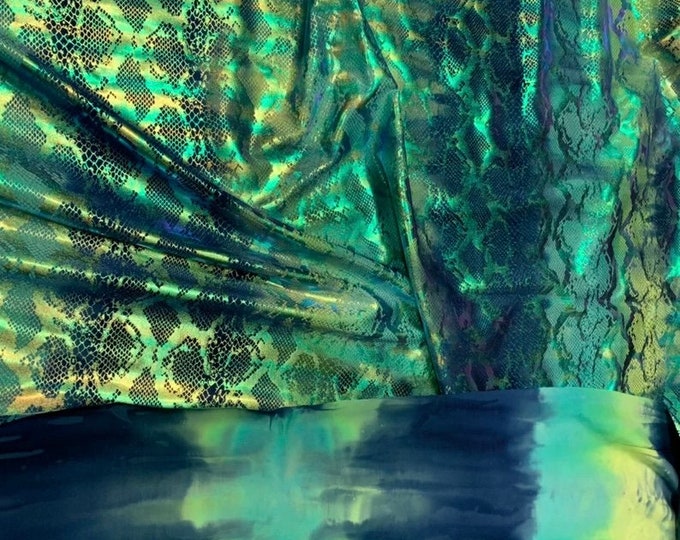 Blue King snake design tie dye metallic nylon spandex iridescent foil 4way 58/60"