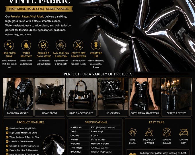 Black patent faux vinyl upholstery fabric per yard