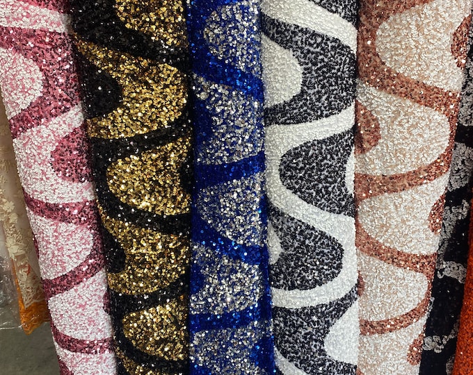 sequin Wave Design On stretch velvet all over 5mm shining sequins 2-way stretch, sold by the yard.