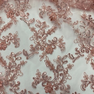 Elena dusy rose corded Floral lace with sequin Fabric Sold By The Yard