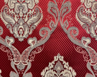 Damask on Red Renaissance Jacquard  Upholstery drapery fabric by the yard