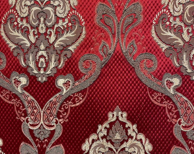 Damask on Red Renaissance Jacquard  Upholstery drapery fabric by the yard