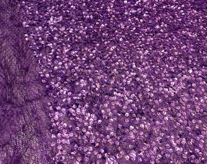 Purple sequin-embroidered fabric on a textured base with eyelash/fringe threads  Dressmaking Costume Material by the Yard