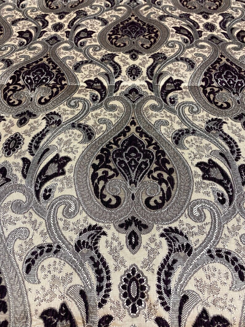 Black Silver Santamon Chenille Fabric Damask Print upholstery furniture fabric by the yard