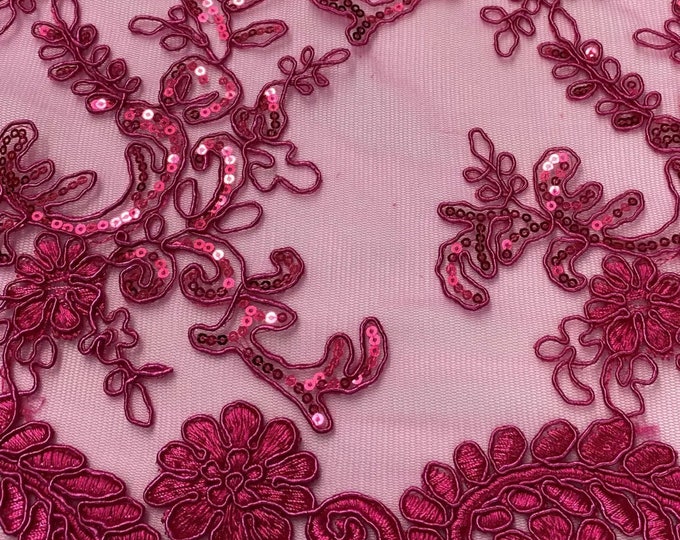 Elena fuchsia corded Floral lace with sequin Fabric Sold By The Yard